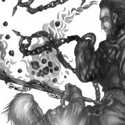 A small protion of an image showing two fighters; a bearded male is conjuring fireballs from his spiked chain, which are being absorbed into the runes surrounding the woman's sword.