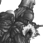 A vignette of a balding man handing an eldritch effect he has conjured to another man in armor, who accepts it in a free hand
