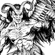 A bare-chested masculine figure with horns and wings