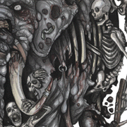 A close-up of a rotting elephant with exposed ribs and an undead skeleton clinging to its side