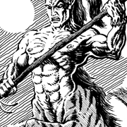 A close-up of a muscular centaur's torso, grasping a pole-arm