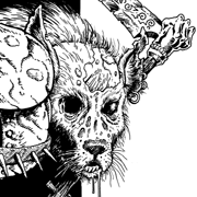 A close-up of a rotting gnoll; armored shoulder, scythe, eyeless hyena face