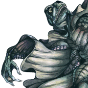 The torso, head and arm of a fish-like humanoid, with webs of skin billowing around the limb
